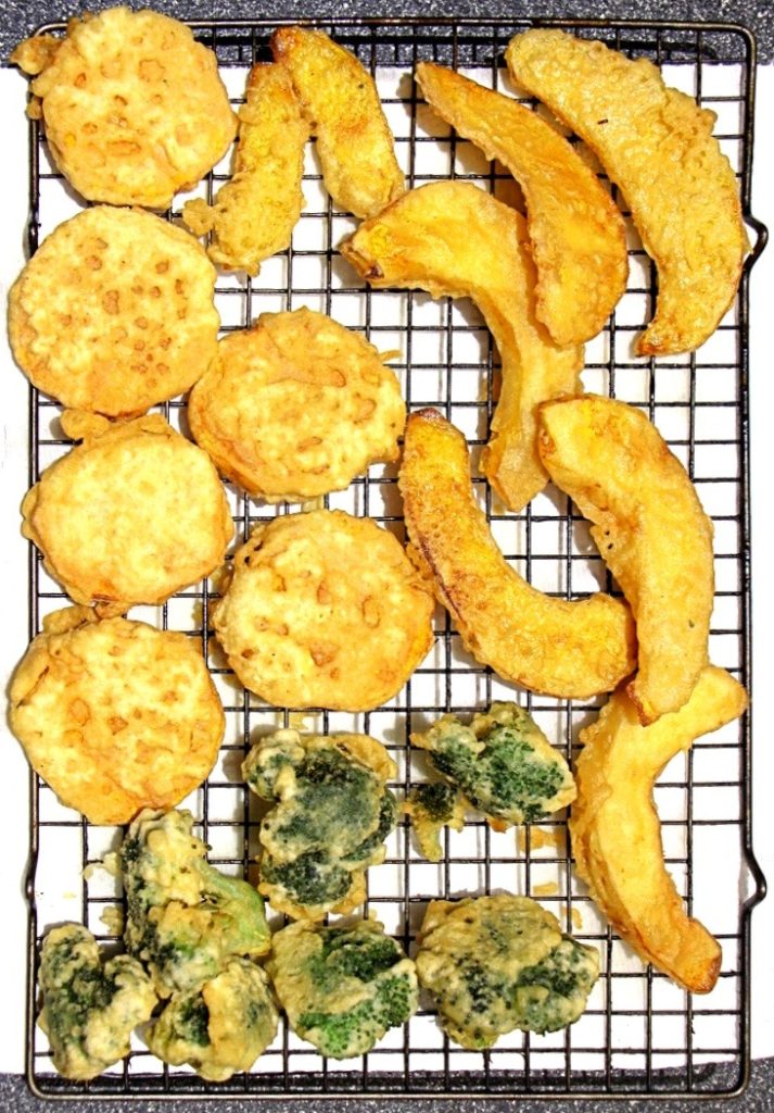 Fried tempura on cookie rack