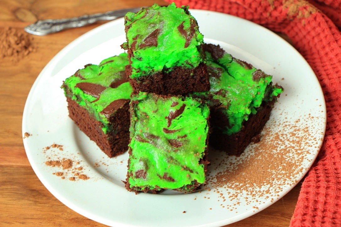 St. Patricks Day Brownies with minty cream cheese topping