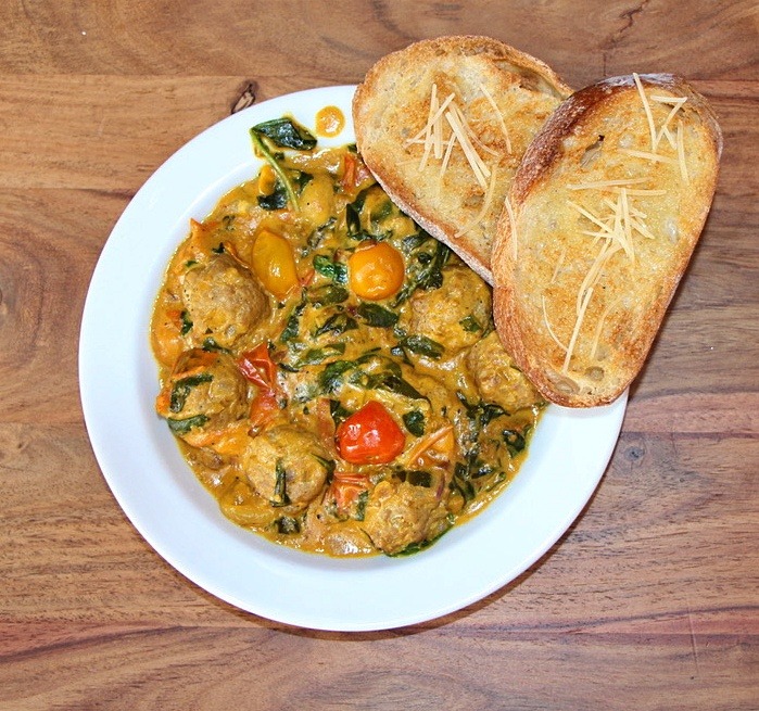 The Best Curry Meatballs with Spinach and Cherry Tomatoes