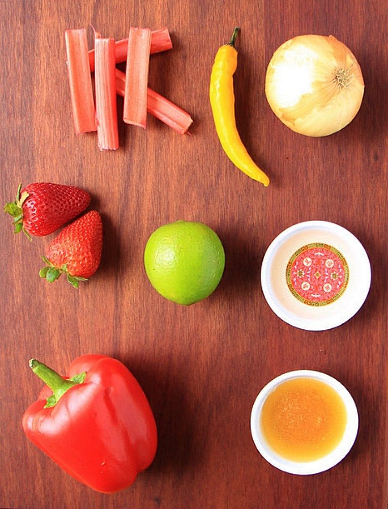 Ingredients for rhubarb strawberry salsa