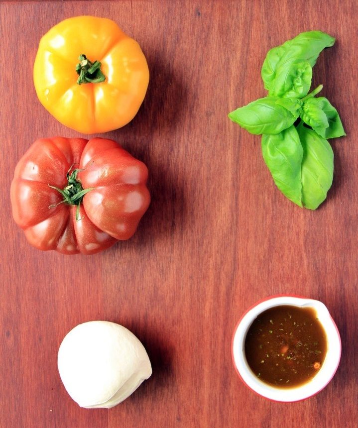 Ingredients for heirloom tomato and mozzarella salad