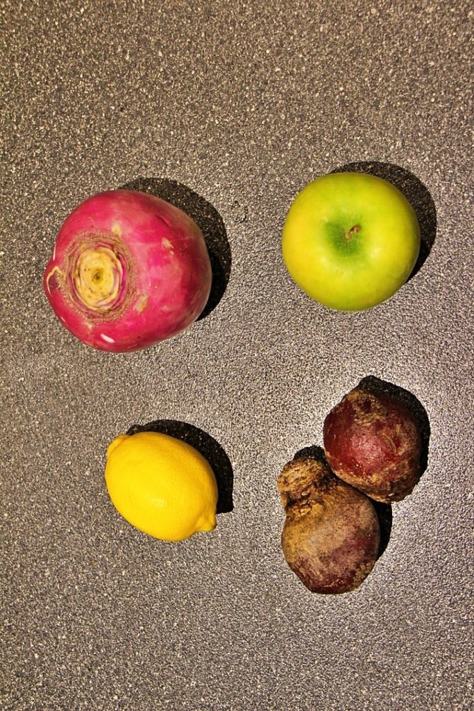 Ingredients for apple, beet and parsnip salad