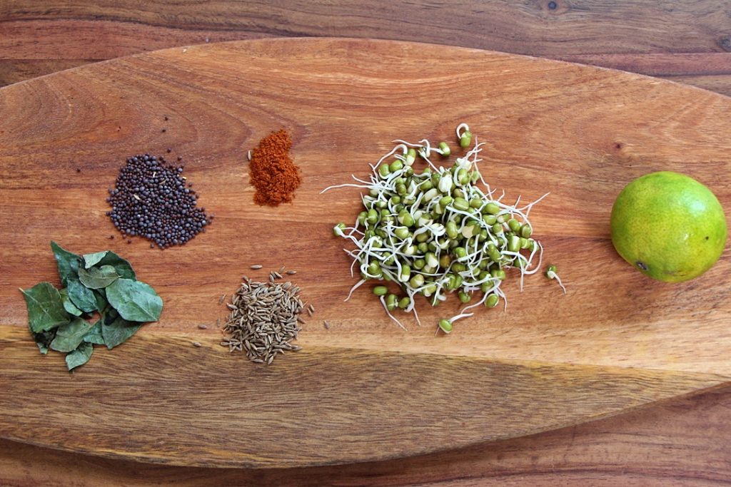 Ingredients for curried sprouted lentils