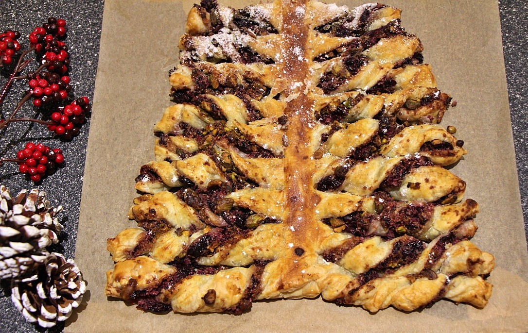 Cherry, Coconut, and Pistachio Puff Pastry Christmas Dessert