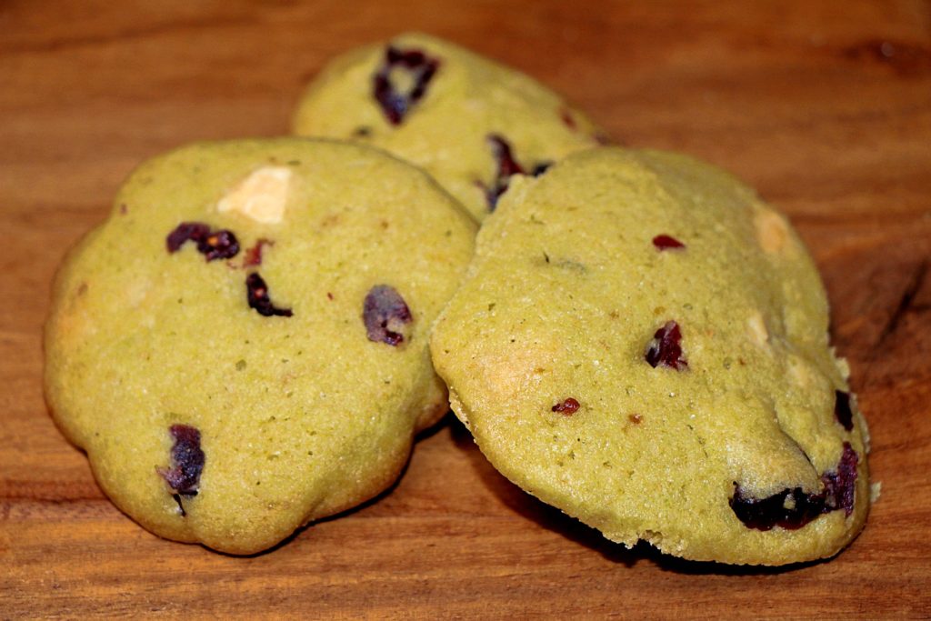 Matcha cookies with cranberries and white chocolate chips