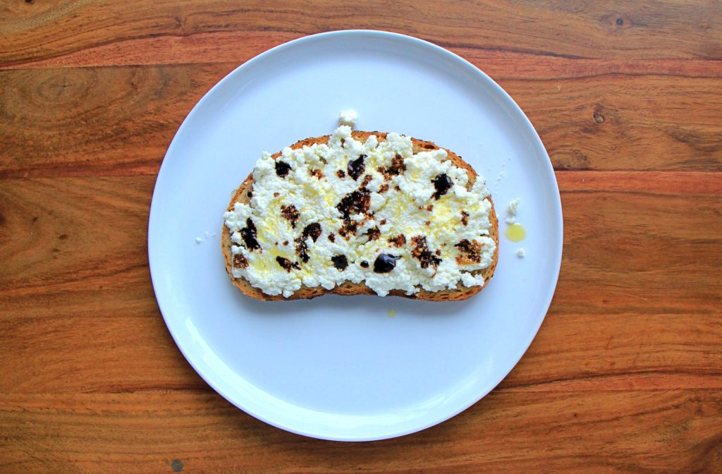 Toast with ricotta, olive oil, and balsamic reduction