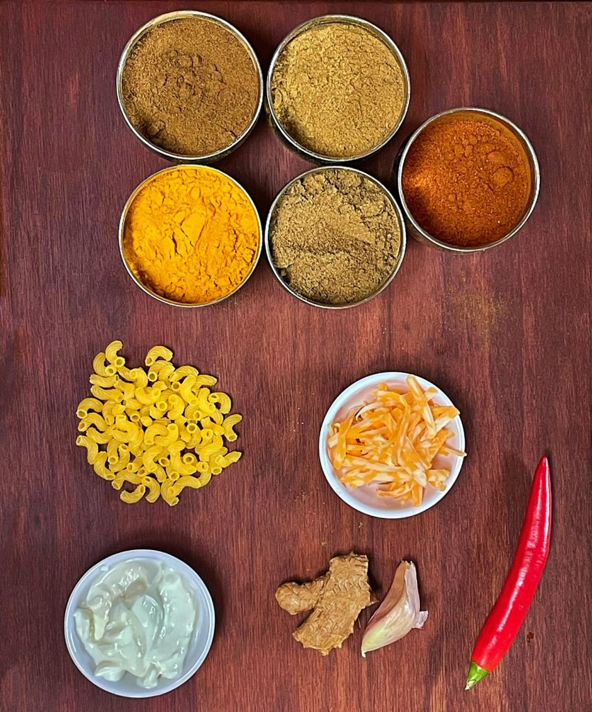 Ingredients for butter chicken mac and cheese